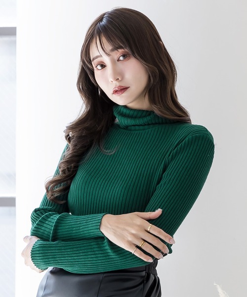 セール】タートルネックショート丈リブニットトップス/22545（ニット