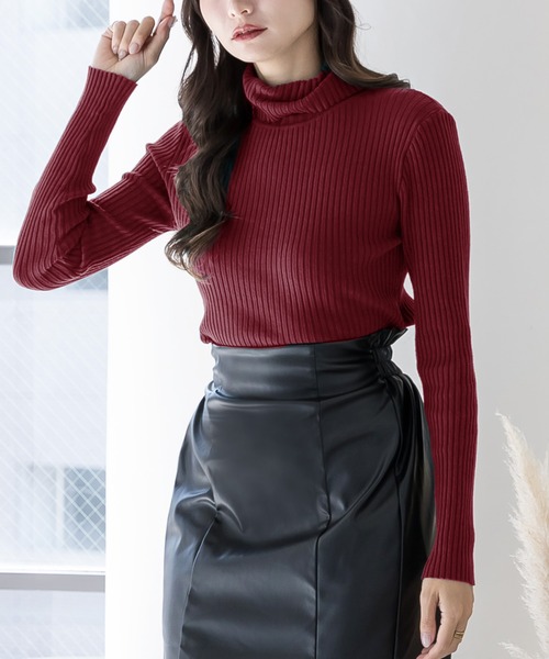 セール】タートルネックショート丈リブニットトップス/22545（ニット