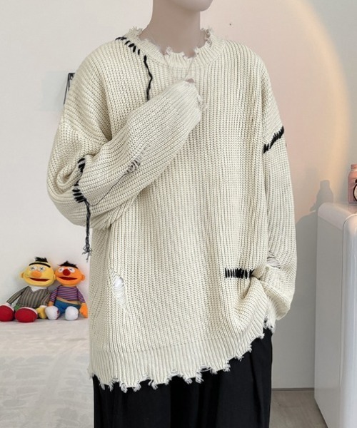 MGV（エムジーヴィー）の「ダメージステッチプルオーバーニット（ニット/セーター・メンズ・ブラック/ベージュ・MEDIUM/LARGE/X-LARGE）」の2枚目の写真