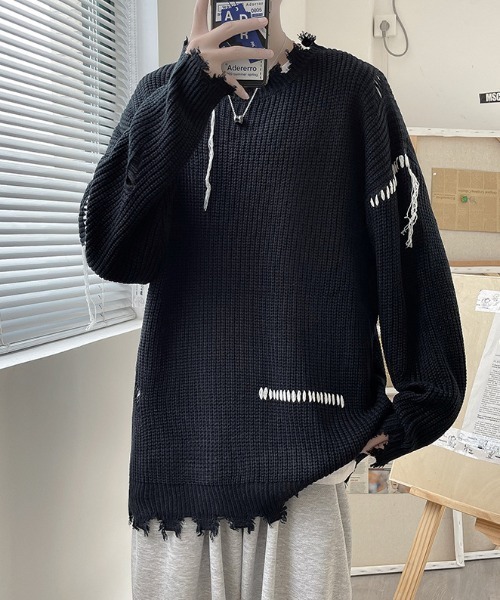 MGV（エムジーヴィー）の「ダメージステッチプルオーバーニット（ニット/セーター・メンズ・ブラック/ベージュ・MEDIUM/LARGE/X-LARGE）」の5枚目の写真