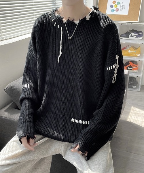 MGV（エムジーヴィー）の「ダメージステッチプルオーバーニット（ニット/セーター・メンズ・ブラック/ベージュ・MEDIUM/LARGE/X-LARGE）」の9枚目の写真