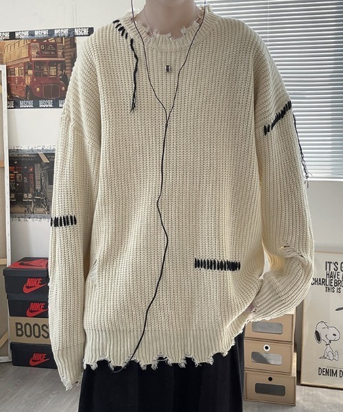 MGV（エムジーヴィー）の「ダメージステッチプルオーバーニット（ニット/セーター・メンズ・ブラック/ベージュ・MEDIUM/LARGE/X-LARGE）」の13枚目の写真