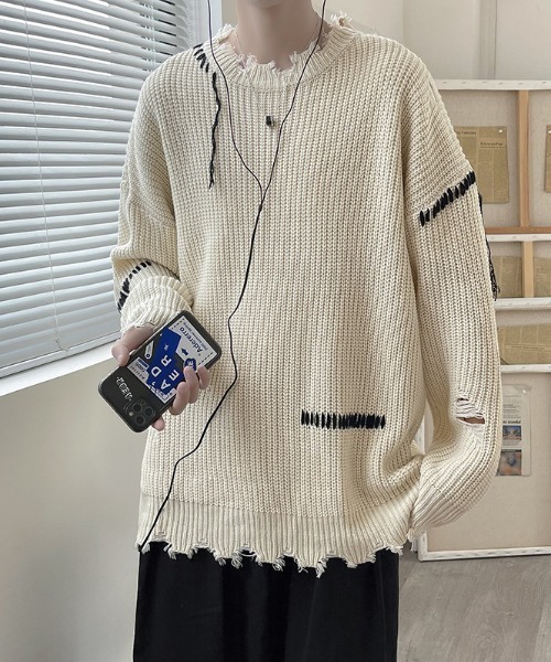 MGV（エムジーヴィー）の「ダメージステッチプルオーバーニット（ニット/セーター・メンズ・ブラック/ベージュ・MEDIUM/LARGE/X-LARGE）」の4枚目の写真