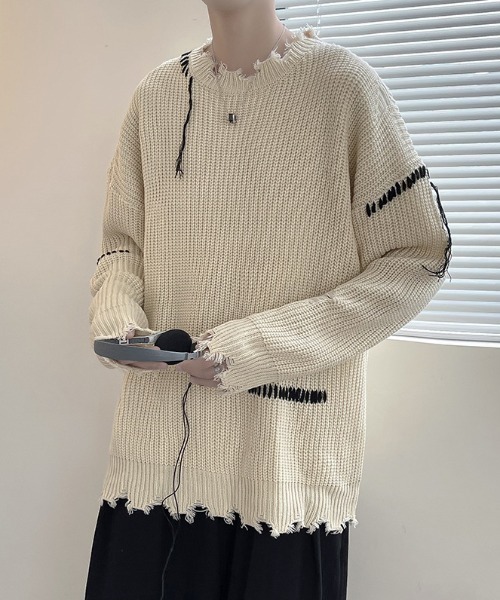 MGV（エムジーヴィー）の「ダメージステッチプルオーバーニット（ニット/セーター・メンズ・ブラック/ベージュ・MEDIUM/LARGE/X-LARGE）」の6枚目の写真