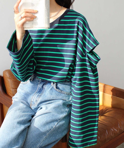 GeeRA（ジーラ）の「カラバリ豊富な袖スリットボーダープルオーバーロンT（Tシャツ/カットソー・レディース・ブルー/ベージュ/ピンク/ネイビー・SMALL/X-LARGE/MEDIUM/LARGE）」の22枚目の写真