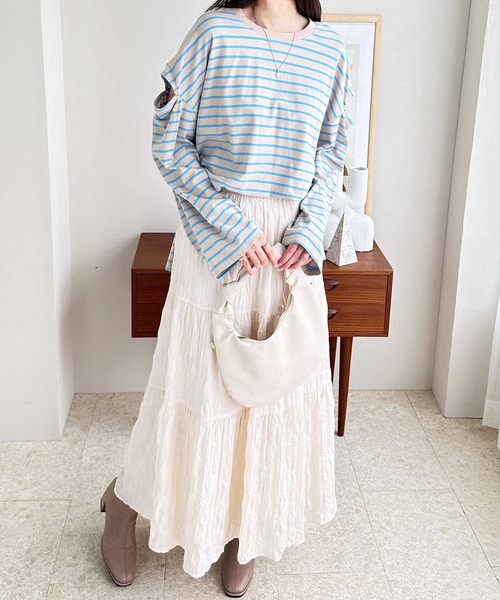 GeeRA（ジーラ）の「カラバリ豊富な袖スリットボーダープルオーバーロンT（Tシャツ/カットソー・レディース・ブルー/ベージュ/ピンク/ネイビー・SMALL/X-LARGE/MEDIUM/LARGE）」の5枚目の写真