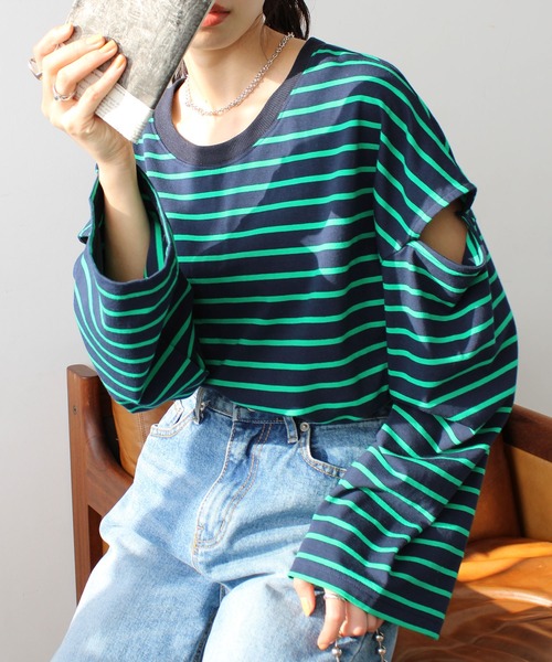 GeeRA（ジーラ）の「カラバリ豊富な袖スリットボーダープルオーバーロンT（Tシャツ/カットソー・レディース・ブルー/ベージュ/ピンク/ネイビー・SMALL/X-LARGE/MEDIUM/LARGE）」の9枚目の写真