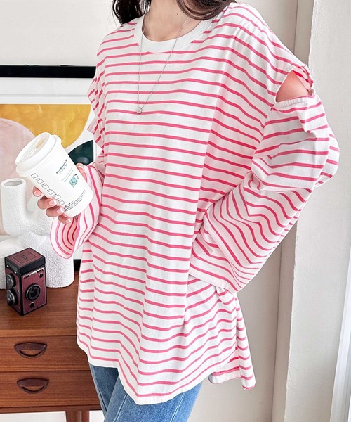 GeeRA（ジーラ）の「カラバリ豊富な袖スリットボーダープルオーバーロンT（Tシャツ/カットソー・レディース・ブルー/ベージュ/ピンク/ネイビー・SMALL/X-LARGE/MEDIUM/LARGE）」の16枚目の写真