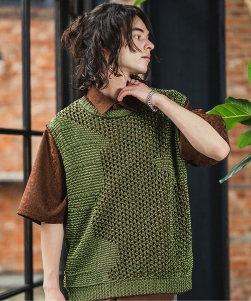CASPER JOHN(キャスパージョン)の「Jacquard mesh knit vest/ジャガードメッシュニットベスト(ベスト・メンズ・ネイビー/グリーン/ホワイト×ブラック・SMALL/MEDIUM/LARGE)」の20枚目の写真