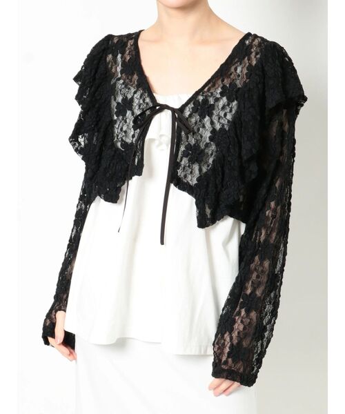 merry jenny（メリージェニー）の「カットレースリボンカーディガン（カーディガン/ボレロ・レディース・ブラック/オフホワイト/アイボリー・FREE）」の3枚目の写真