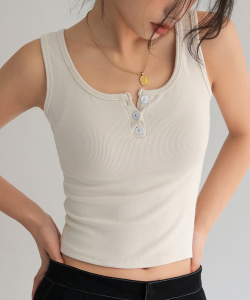 HALEY PESCA（ヘーリーペスカ）の「HALEY PESCA/ボタン付きリブタンクトップ（タンクトップ・レディース・ホワイト/ブラック/ライトグレー/ブラウン/アイボリー/グレー/ライトブラウン/ブルー・SMALL/MEDIUM/LARGE）」の3枚目の写真