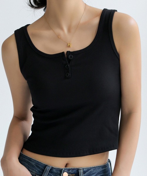 HALEY PESCA（ヘーリーペスカ）の「HALEY PESCA/ボタン付きリブタンクトップ（タンクトップ・レディース・ホワイト/ブラック/ライトグレー/ブラウン/アイボリー/グレー/ライトブラウン/ブルー・SMALL/MEDIUM/LARGE）」の4枚目の写真