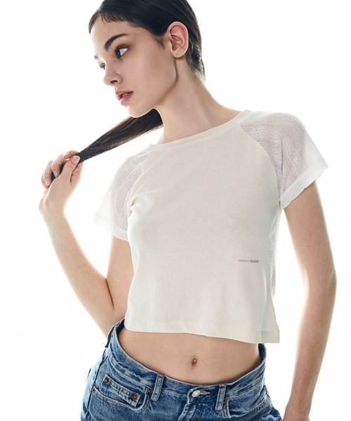 DISCHORDSOUND（ディスコードサウンド）の「【DISCHORDSOUND 】ニット コンビ クロップ Tシャツ / KNIT COMBI CROP TEE（Tシャツ/カットソー・レディース・ホワイト/ブラック/グレー/モカ・FREE）」の8枚目の写真