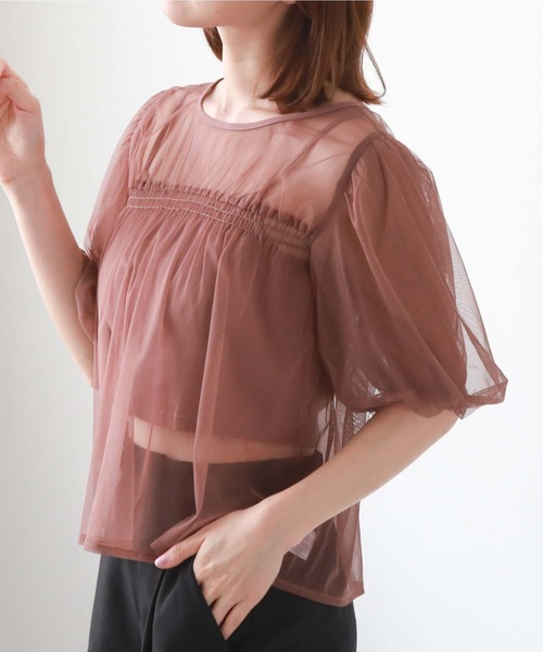 archives(アルシーヴ)の「クロップドインナー付バルーンチュールTOPS(Tシャツ/カットソー・レディース・アイボリー/ブラック/ローズ・MEDIUM)」の3枚目の写真