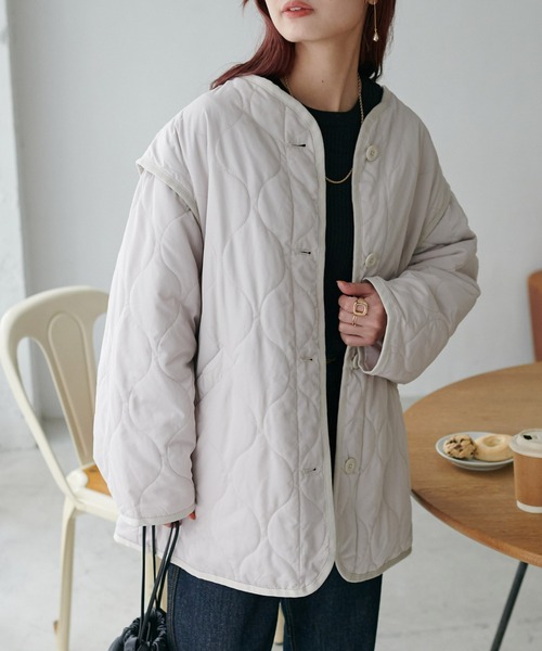 DISCOAT（ディスコート）の「【WEB限定】袖取り外しキルトジャケット（ミリタリージャケット・レディース・カーキ/アイボリー/ブラック/グレイッシュベージュ・MEDIUM/FREE）」の17枚目の写真