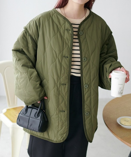 DISCOAT（ディスコート）の「【WEB限定】袖取り外しキルトジャケット（ミリタリージャケット・レディース・カーキ/アイボリー/ブラック/グレイッシュベージュ・MEDIUM/FREE）」の5枚目の写真