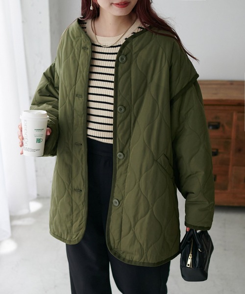 DISCOAT（ディスコート）の「【WEB限定】袖取り外しキルトジャケット（ミリタリージャケット・レディース・カーキ/アイボリー/ブラック/グレイッシュベージュ・MEDIUM/FREE）」の18枚目の写真