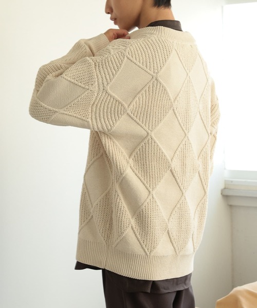 SENSE OF PLACE by URBAN RESEARCH（センスオブプレイスバイアーバンリサーチ）の「モールダイヤガラVネックカーディガン（カーディガン/ボレロ・メンズ・アイボリー/ブラック/ブラウン・LARGE/MEDIUM）」の4枚目の写真