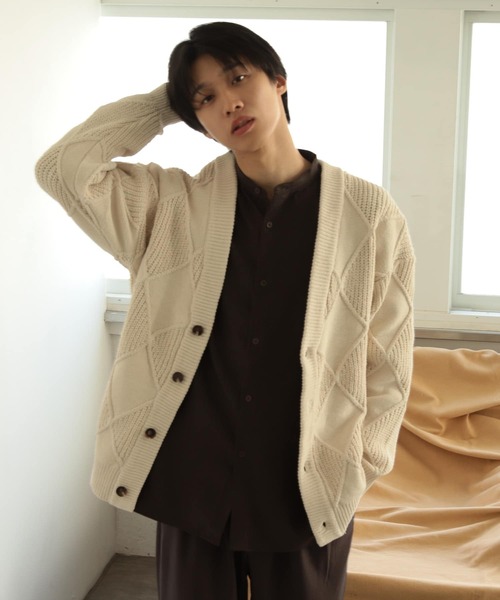 SENSE OF PLACE by URBAN RESEARCH（センスオブプレイスバイアーバンリサーチ）の「モールダイヤガラVネックカーディガン（カーディガン/ボレロ・メンズ・アイボリー/ブラック/ブラウン・LARGE/MEDIUM）」の6枚目の写真