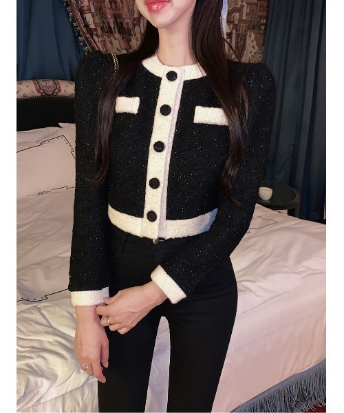 SONA(ソナ)の「Secon'de secon バイカラーラインボタンウールノーカラーパフジャケット(ノーカラージャケット・レディース・ブラック・FREE)」の4枚目の写真