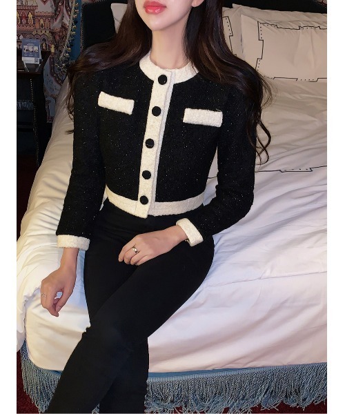 SONA(ソナ)の「Secon'de secon バイカラーラインボタンウールノーカラーパフジャケット(ノーカラージャケット・レディース・ブラック・FREE)」の7枚目の写真