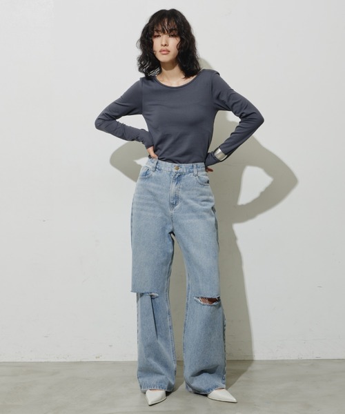Aunt Marie's(アントマリーズ)の「ダメージストレートデニム【S,M,Lサイズ展開】(デニムパンツ・レディース・ライトブルー/ブラック・L/M/S)」の12枚目の写真