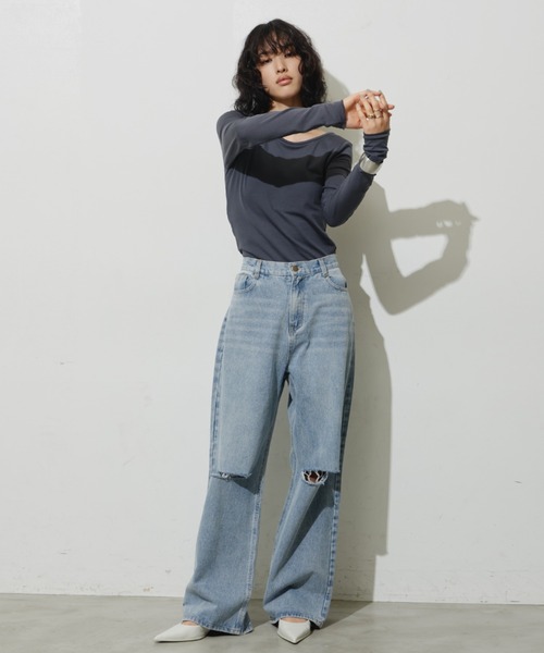 Aunt Marie's(アントマリーズ)の「ダメージストレートデニム【S,M,Lサイズ展開】(デニムパンツ・レディース・ライトブルー/ブラック・L/M/S)」の7枚目の写真