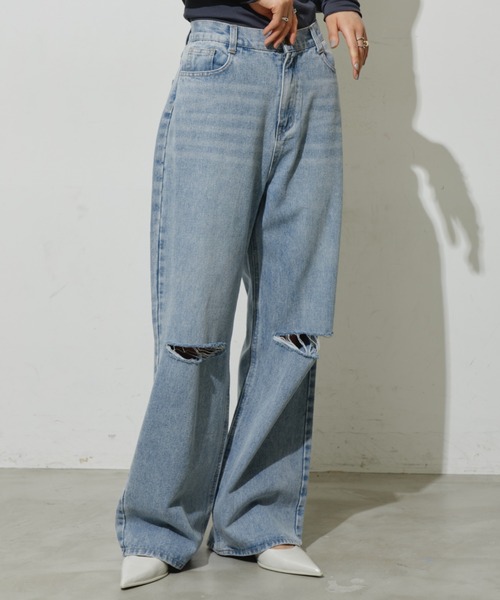 セール】ダメージストレートデニム【S,M,Lサイズ展開】（デニム