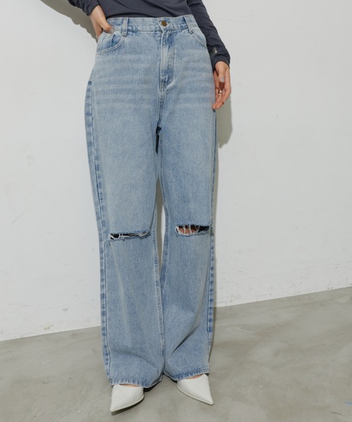 Aunt Marie's(アントマリーズ)の「ダメージストレートデニム【S,M,Lサイズ展開】(デニムパンツ・レディース・ライトブルー/ブラック・L/M/S)」の11枚目の写真