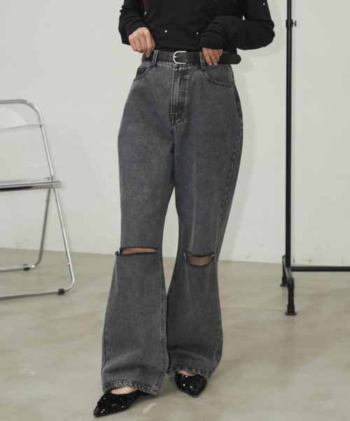 セール】ダメージストレートデニム【S,M,Lサイズ展開】（デニム