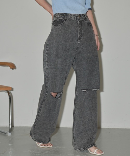 セール】ダメージストレートデニム【S,M,Lサイズ展開】（デニム