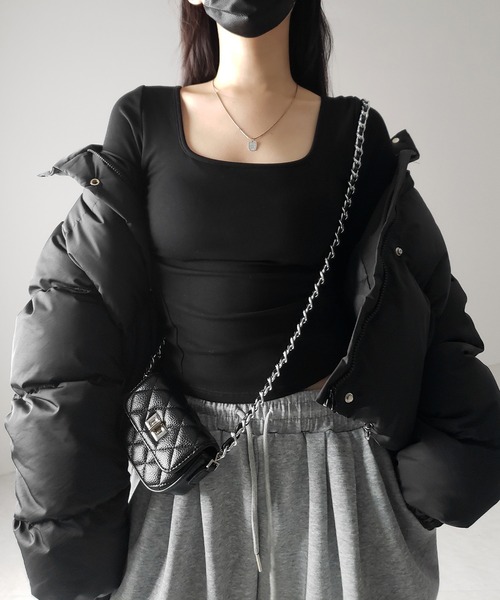 SNSで話題！【 裏起毛 ／ カップ付き 】スクエアネックスリム