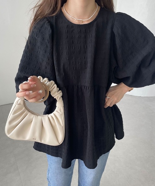 andme(アンドミー)の「チェック柄ふくれジャガードペプラムチュニックトップス(シャツ/ブラウス・レディース・オフホワイト/ブラック/コーラル/ライトグリーン・M)」の12枚目の写真