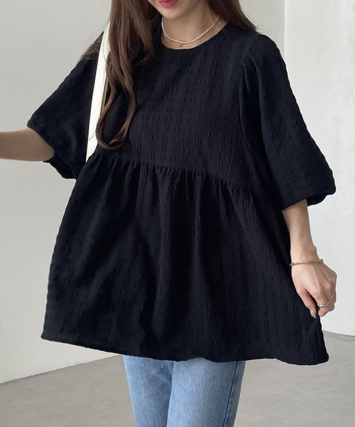 andme(アンドミー)の「チェック柄ふくれジャガードペプラムチュニックトップス(シャツ/ブラウス・レディース・オフホワイト/ブラック/コーラル/ライトグリーン・M)」の13枚目の写真