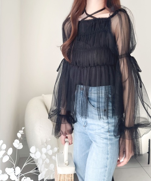 mily bilet(ミウィビレット)の「【mily bilet】自由自在な着こなしが楽しめる。リボン使い2WAYボリュームスリーブチュールオフショルブラウス(シャツ/ブラウス・レディース・アイボリー/ブラック/グレー・X-LARGE/SMALL/MEDIUM/LARGE)」の13枚目の写真