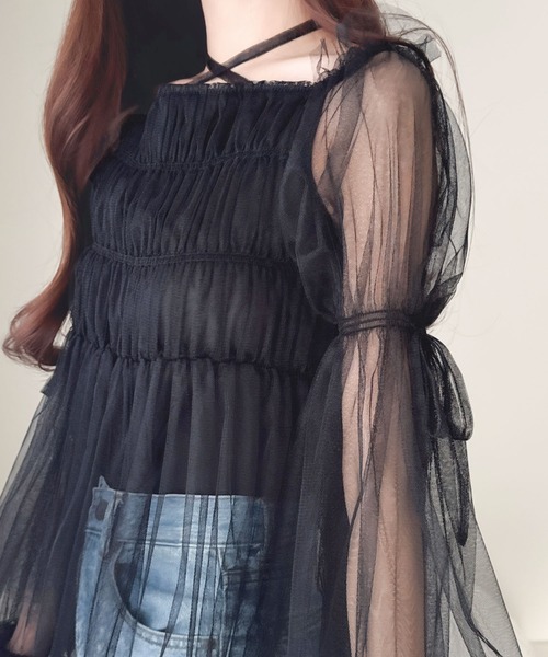 mily bilet(ミウィビレット)の「【mily bilet】自由自在な着こなしが楽しめる。リボン使い2WAYボリュームスリーブチュールオフショルブラウス(シャツ/ブラウス・レディース・アイボリー/ブラック/グレー・X-LARGE/SMALL/MEDIUM/LARGE)」の14枚目の写真