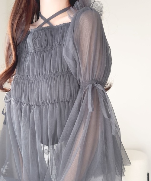 mily bilet(ミウィビレット)の「【mily bilet】自由自在な着こなしが楽しめる。リボン使い2WAYボリュームスリーブチュールオフショルブラウス(シャツ/ブラウス・レディース・アイボリー/ブラック/グレー・X-LARGE/SMALL/MEDIUM/LARGE)」の8枚目の写真