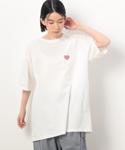 ハートプリント 半袖Tシャツ ホワイト セール】ハートロゴプリント ロング丈半袖Tシャツ（Tシャツ
