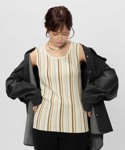 BACK NUMBER(バックナンバー)の「【BACK NUMBER】ニットリブタンクトップ(タンクトップ・レディース・ブラック/ホワイト×カーキブラウン/ホワイト×グリーン/オフホワイト/ブラック×ブルー/ベージュ・XL/S/M/L)」の4枚目の写真