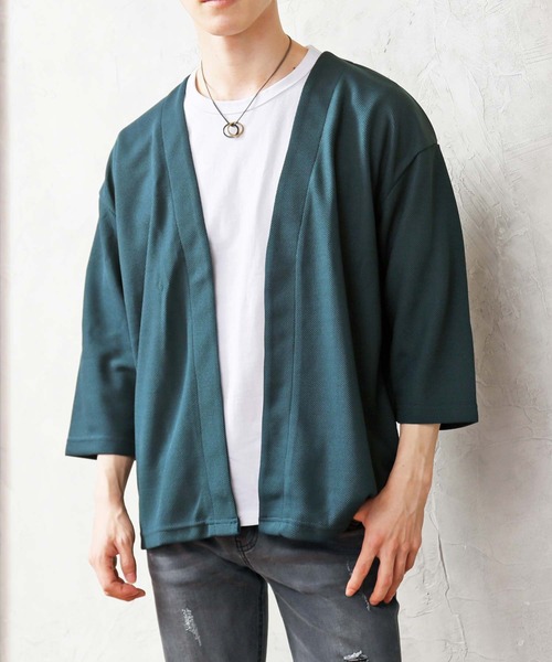 TopIsm（トップイズム）の「速乾加工 鹿の子素材 ボタンレス 7分袖カーディガン（カーディガン/ボレロ・メンズ・ダークブルー/グレイッシュベージュ/ブラック/ダークグリーン・M/L）」の2枚目の写真