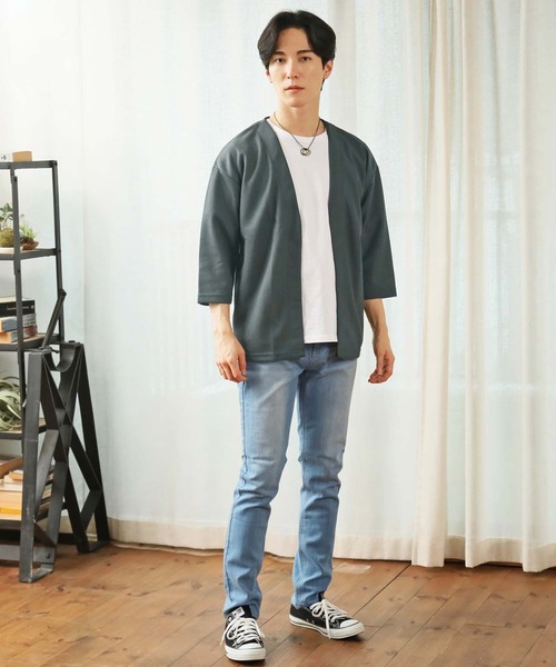 TopIsm（トップイズム）の「速乾加工 鹿の子素材 ボタンレス 7分袖カーディガン（カーディガン/ボレロ・メンズ・ダークブルー/グレイッシュベージュ/ブラック/ダークグリーン・M/L）」の7枚目の写真