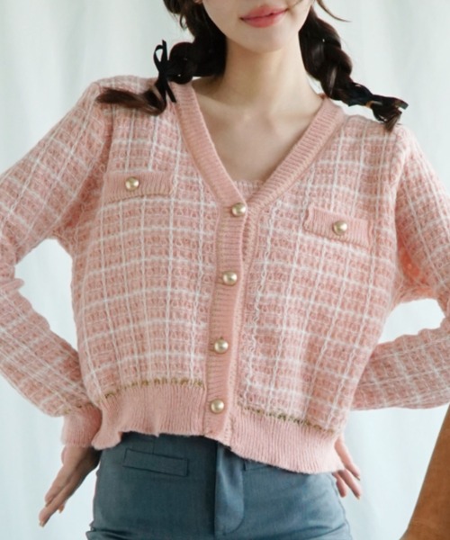 Jasmine Grandiflorum（ジャスミングランディフローラム）の「【Jasmine】ツイード風アンサンブル ニットキャミソール+カーディガン（カーディガン/ボレロ・レディース・ブラック/ライトブルー/ミント/ピンク・FREE）」の4枚目の写真