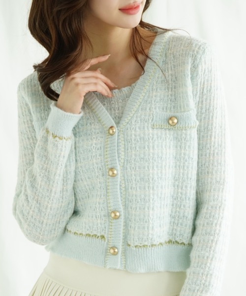Jasmine Grandiflorum（ジャスミングランディフローラム）の「【Jasmine】ツイード風アンサンブル ニットキャミソール+カーディガン（カーディガン/ボレロ・レディース・ブラック/ライトブルー/ミント/ピンク・FREE）」の3枚目の写真