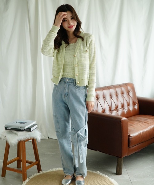 Jasmine Grandiflorum（ジャスミングランディフローラム）の「【Jasmine】ツイード風アンサンブル ニットキャミソール+カーディガン（カーディガン/ボレロ・レディース・ブラック/ライトブルー/ミント/ピンク・FREE）」の12枚目の写真