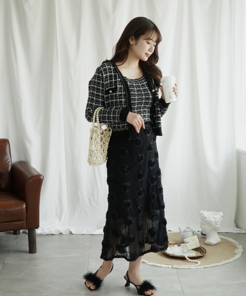 Jasmine Grandiflorum（ジャスミングランディフローラム）の「【Jasmine】ツイード風アンサンブル ニットキャミソール+カーディガン（カーディガン/ボレロ・レディース・ブラック/ライトブルー/ミント/ピンク・FREE）」の7枚目の写真