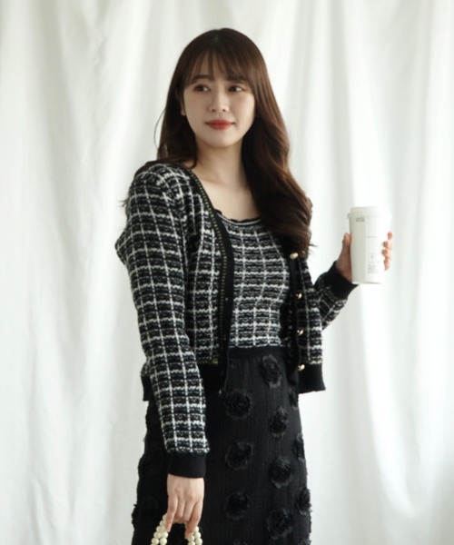 Jasmine Grandiflorum（ジャスミングランディフローラム）の「【Jasmine】ツイード風アンサンブル ニットキャミソール+カーディガン（カーディガン/ボレロ・レディース・ブラック/ライトブルー/ミント/ピンク・FREE）」の9枚目の写真