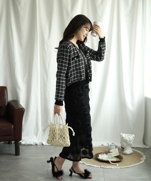 Jasmine Grandiflorum（ジャスミングランディフローラム）の「【Jasmine】ツイード風アンサンブル ニットキャミソール+カーディガン（カーディガン/ボレロ・レディース・ブラック/ライトブルー/ミント/ピンク・FREE）」の8枚目の写真