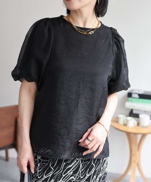 ☆即購入可能です☆シアー バルーンスリーブBL ブラウス　ブラック Louere ドット柄チュールシアーバルーンスリーブブラウス[品番