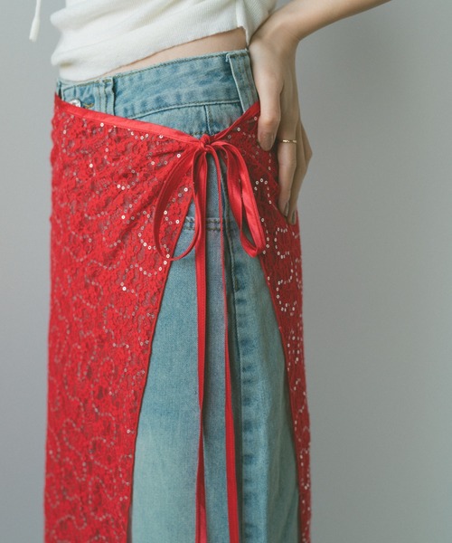 国内発送★Sosandar スパンコール＆レースミディスカート セール】 《美人百花掲載》スパンコールシアー刺繍スカート