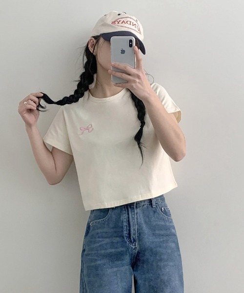 WEGO(ウィゴー)の「WEGO/リボン刺繍Tシャツ(Tシャツ/カットソー・レディース・イエロー/ネイビー/ホワイト・FREE)」の9枚目の写真